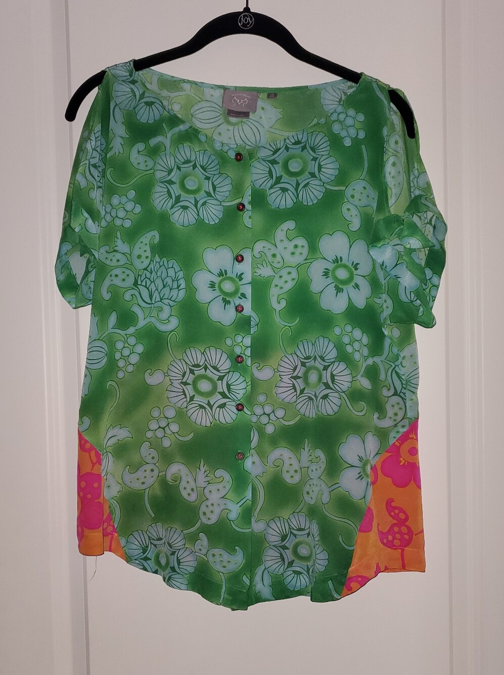 Silk Vanessa Virginia Women’s Green Floral Tropical Button-Front Top, US 4
